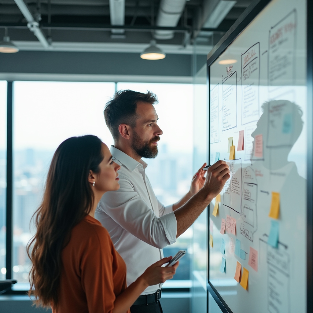 Echipă colaborând la o tablă albă cu idei strategice